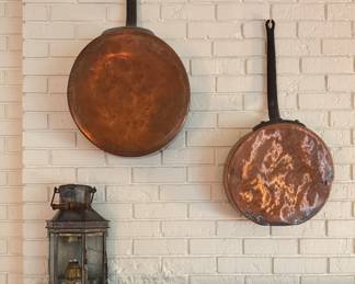 Pair of Antique Copper Sauce Pans - 2 Available. Each Measures 14" D x 4" Deep.