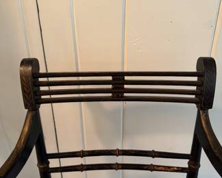 Antique Ebonized Wood Regency Style Arm Chair with Parcel Gilt Detailing and Cane Seat. Photo 4 of 8.
