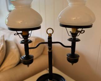Vintage Double Student Lamp with Milk Glass Shades. Photo 2 of 2.