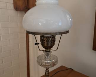 Vintage Hurricane Parlor Lamp on Mable Base with Milk Glass Shade.