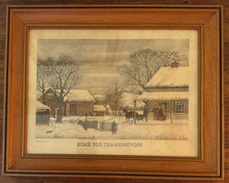 Framed Currier & Ives Print, "Home For Thanksgiving."