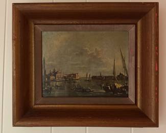 "View of Giorgio Maggiore" by Francesco Guardi. Sourced from Marshall Fields & Company. Oil Measures 8" W x 6.5" H without Frame. Photo 1 of 2.
