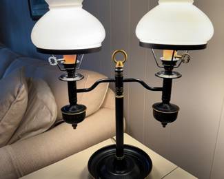 Vintage Double Student Lamp with Milk Glass Shades. Photo 1 of 2.