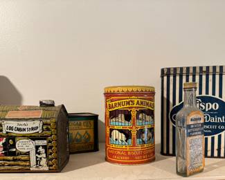 Tin Collection: Log Cabin Syrup & Barnum's Animal Tins.