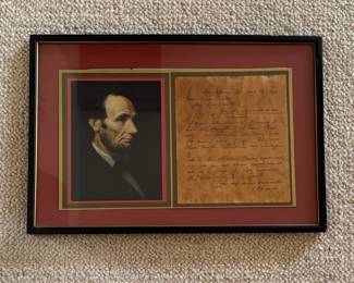 Framed Letter & Picture of Abe Lincoln. Photo 1 of 2.