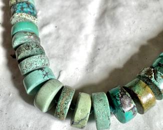 Close-Up of Natural Turquoise Heishi Beads – Green Blue Graduated Disk Gemstone Necklace Detail