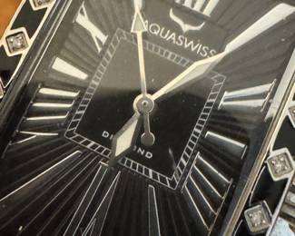 Aquaswiss Men’s Diamond Bezel Watch – Rectangular Stainless Steel Case, Roman Dial, Black Leather Band