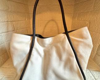 Tahari White Leather Tote Bag with Black Trim – Elegant Minimalist Shoulder Bag