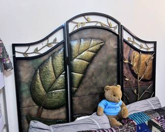 Artistic Metal Leaf Headboard, embossed metal leaf design with rich green and bronze tones- Twin