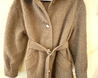 Topshop Textured Belted Coat – Women’s Tan Fuzzy Wool Blend Longline Jacket Size US 6 / UK 10