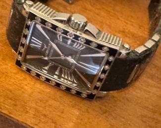 Aquaswiss Men’s Diamond Bezel Watch – Rectangular Stainless Steel Case, Roman Dial, Black Leather Band