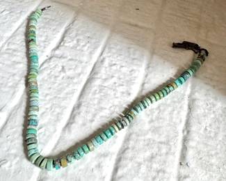 Vintage Turquoise Heishi Bead Necklace – Natural Green Blue Graduated Disk Beads with Sterling Clasp
