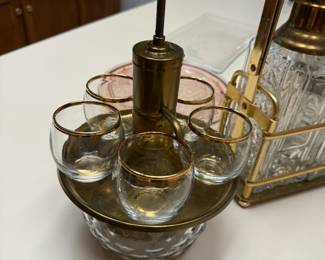 Mid Century Whiskey Decanter with Tray & Glasses Brass