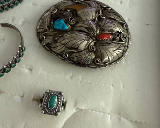 Native Belt Buckle Coral, Turquoise & Bear Claw