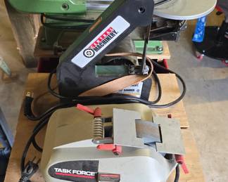knife sharpeners, scroll saw on nice rolling cart 
