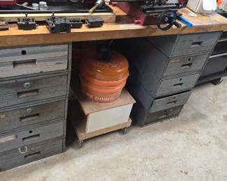 vintage metal stacking drawers converted to work bench 