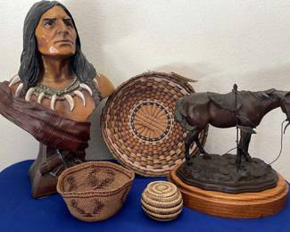 WarHorse Sculpture, Handwoven Baskets  Cigar Store Indian