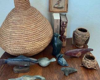 American Indian Baskets Various Carved Animal Figurines 