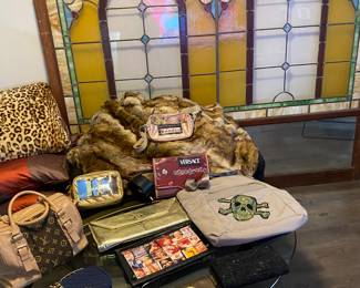 Large Vintage Stained Glass Window from Park Slope Brooklyn Ice Cream Parlor....Amazing! & Amazing Embellished Vintage OOAK Handbags....