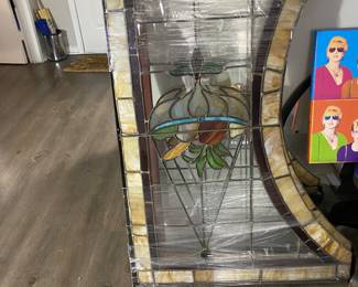 Pair of Vintage Stained Glass Arched Panels with Baskets of Fruit