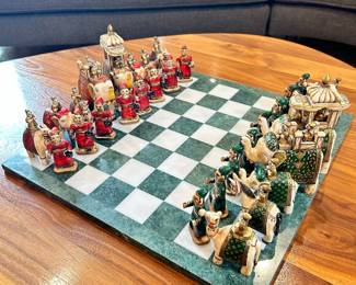 Marble chess table with carved camel bone pieces