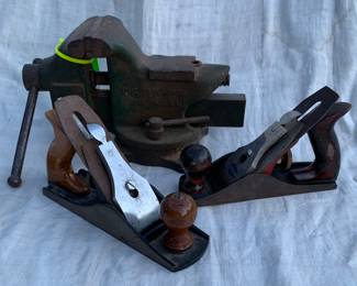 Vintage workshop tools. Craftsman plane on right, no name plane on left and mountable vice in back (Erie Tool Works).