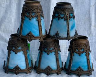 Handel blue slag glass shades. Rare find in excellent condition!