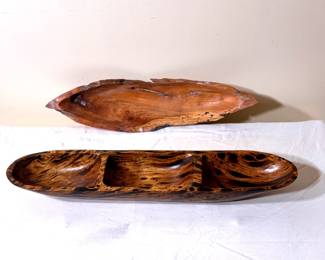 (2) Carved Out Oblong Wood Vessels