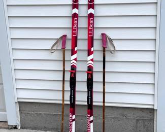 Pair Of LL Bean Discovery Cross Country Skis 150s With Pair Of ‘Grass Sticks’ Ski Poles
