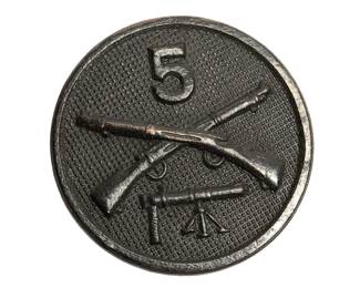 Authentic WWI US Army "5" Blackened Bronze Infantry Collar Disk with Letter "M" (Machine Gun Co.) - 5th Infantry Regiment - Military Collectible