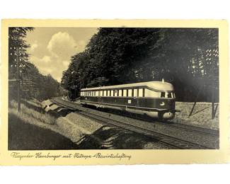 1936 German RPPC Postcard: FLIEGENDER HAMBURGER Train, Nazi WHW SAALE BRIDGE Stamp, Berlin-Munich, Sütterlin Script