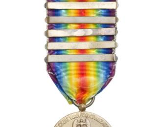 WWI Victory Medal with Five Battle Clasps, Ribbon Bar & Lapel Pin - Champagne-Marne, Aisne-Marne, St. Mihiel, Meuse-Argonne, Defensive Sector
