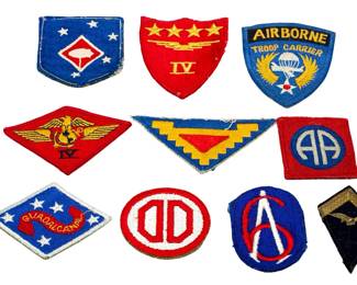 Exceptional Lot of 10 Original WWII US Military Patches - Marine Guadalcanal, Airborne Troop Carrier, Infantry & Corps Insignia
