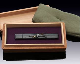Signed "Tomomitsunobu" Japanese Edo Period Kozuka - Mixed Metal Crane in Flight - Nara School Style