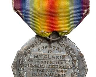 WWI Delaware World War Service Medal Awarded to H.E. Clark 1923