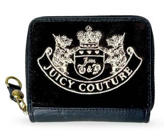Juicy Couture Brown Velour & Black Leather Zip Around Wallet, Scottie Dog Crest, Gold Tone Hardware