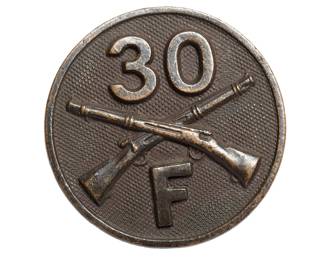 Authentic WWI US Army "30 F" Blackened Bronze Infantry Collar Disk - Company F, 30th Infantry Regiment - Military Collectible