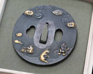 Signed SŌTEN School Tsuba, Japanese Edo Period, Shakudo Nanako, Gold Monkey Festival Motif, Samurai Sword Guard w/ Box