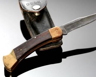 Vintage Buck 110 Folding Hunter Lockback Knife & Leather Sheath, USA Made