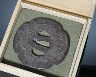 Fine Japanese Edo Period Iron TSUBA - Shoami School - Chidori Plovers & Waves w/ Gold Inlay