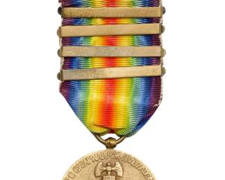 WWI Victory Medal with Four Battle Clasps: Aisne-Marne, St. Mihiel, Meuse-Argonne, Defensive Sector & Ribbon Bar