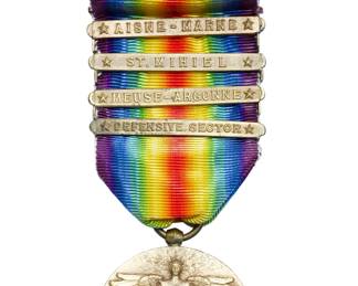 WWI Victory Medal with Four Battle Clasps: Aisne-Marne, St. Mihiel, Meuse-Argonne, Defensive Sector & Ribbon Bar