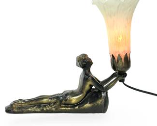 Art Deco Bronze Figural Bud Lady Accent Lamp, TXA Mark, Tiffany Style Slag Glass Shade