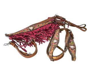 Showy Tooled Leather Western Horse Headstall & Breast Collar Set with Pink Fringe and Rhinestones