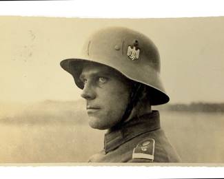 Original WWII German Photo Postcard, Portrait of Wehrmacht Soldier in Helmet, Dated 1936, Bresalu Postmark