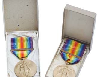 Pair of WWI Victory Medals with France Clasps in Original Boxes: S.G. Adams & Jos. Mayer