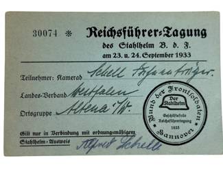 1933 Stahlhelm Reichsfuehrer Tagung Participant Pass - Adolf Scheil - Westfalen Landes-Verband - Affeln Ortsgruppe - Hannover - Third Reich