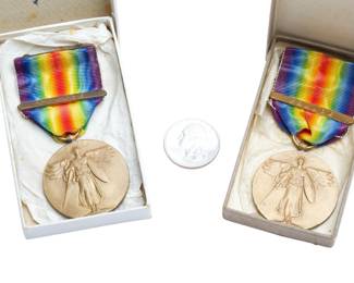 Pair of WWI Victory Medals with France Clasps in Original Boxes: S.G. Adams & Jos. Mayer