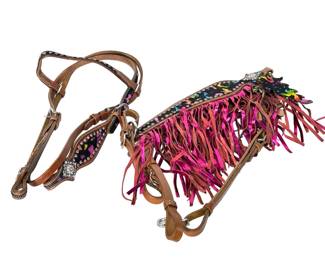 Custom Pink Fringe & Animal Print Leather Horse Bridle & Breast Collar Set with Silver & Rhinestones
