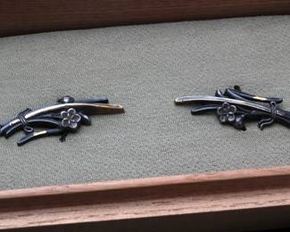 Signed "Mitsunori" Japanese Edo Period Samurai Katana Menuki - Mixed Metal Plum Blossom Motif in Kiribako Box